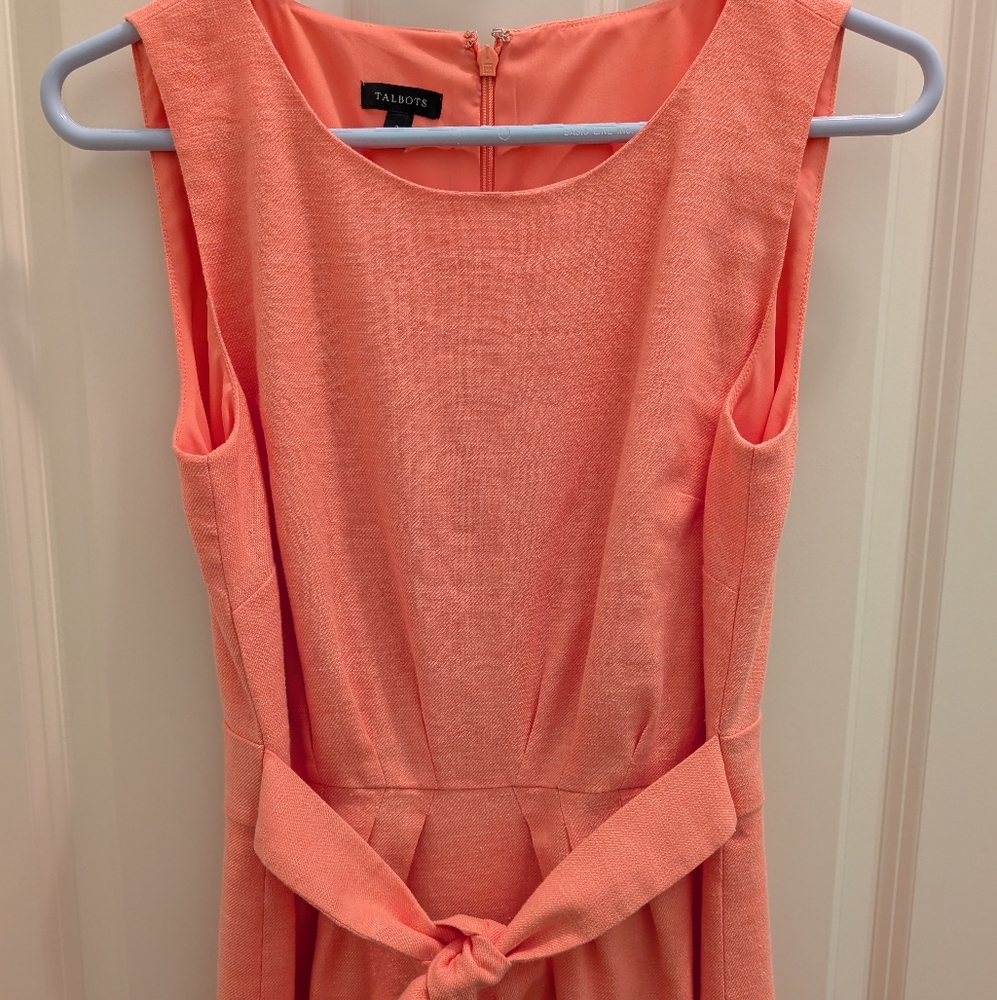 Talbots Peach Linen Sheath Dress with Tie Belt